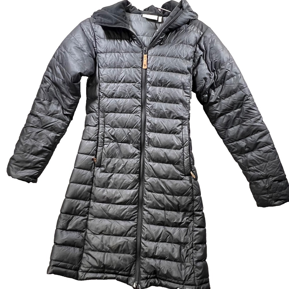 Fjallraven Pertex Microlight Down Puffer Coat Black Hooded Long Womens XXS